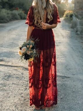 Eleter burgundy v neck lace sheer short sleeve romper maxi dress with side slits